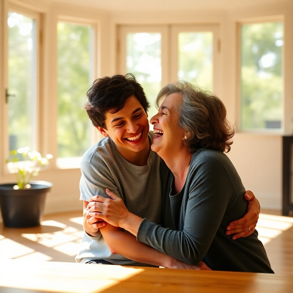 A photorealistic image of Marlene and her son laughing and playing together in a sunlit room. Their expressions convey joy and healing, a stark contrast to the darkness of their past struggles. The setting could be a park or a comfortable space within their home. 8K resolution, hyperrealistic style with an emphasis on capturing happiness and freedom.