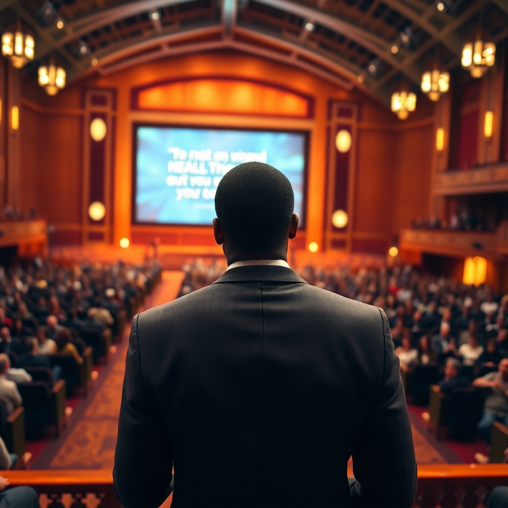 A photorealistic, ultra-high definition 8K image depicting Ezekiel Ezechim delivering a captivating speech at a large church auditorium.  The composition should focus on Ezekiel, centrally positioned on a grand stage bathed in warm, soft diffused lighting, with the audience subtly blurred in the background.  The color palette should be rich and vibrant, emphasizing earthy tones with accents of gold and deep reds to convey warmth and inspiration. The camera angle should be from the audience's perspective, slightly below eye level, creating a sense of intimacy. The texture of Ezekiel's clothing should be meticulously detailed; a fine suit, conveying professionalism.  The environment should include a majestic, modern church auditorium with elegant architectural details and a large screen displaying an inspirational quote. The image should evoke a feeling of hope and faith, in the style of Steve McCurry photography, emphasizing strong emotional impact and human connection. The image should be hyperrealistic and ultra-detailed, capturing the subtle nuances of facial expressions, light and shadow, and fabric textures.