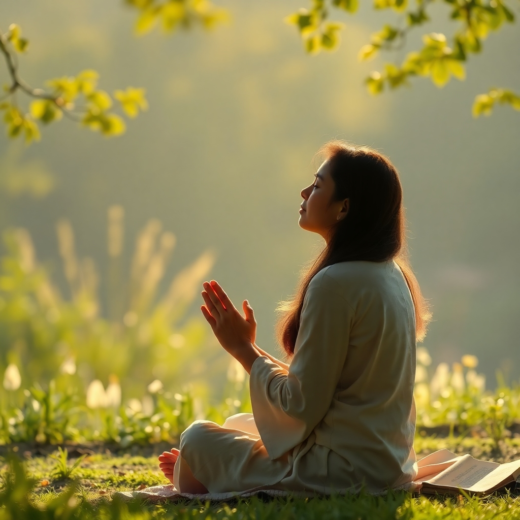 A serene, photorealistic image depicting a person quietly praying or meditating in a peaceful setting, surrounded by nature or in a contemplative space. The image should be tranquil, conveying a sense of calm and inner peace.