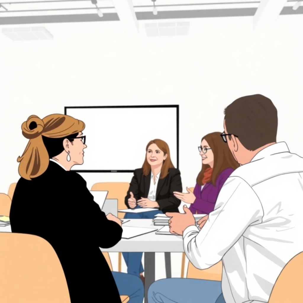 A stylized image depicting a group of people actively engaged in a workshop setting. The image should look professional yet warm and inviting. The lighting should be even and well-distributed. Aim for a high-quality 4k resolution with clean lines and a professional aesthetic.