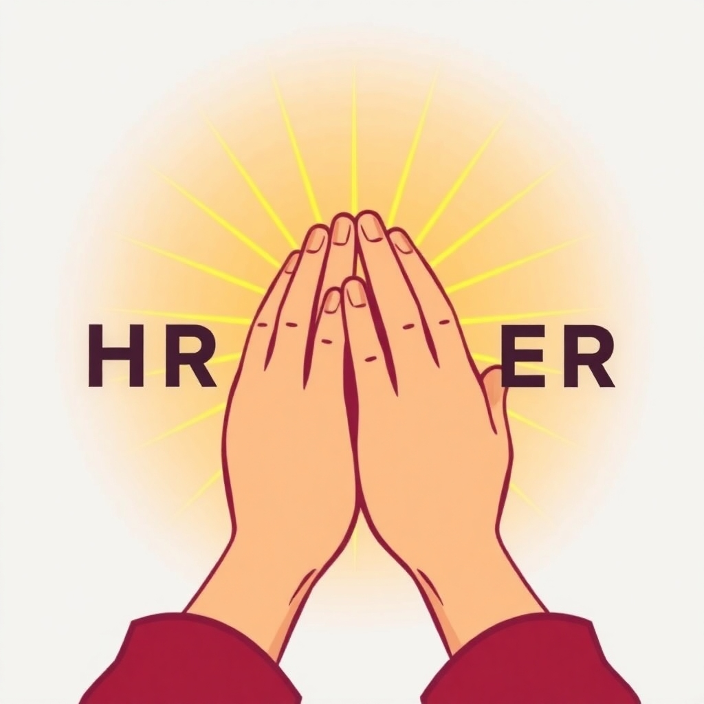 A stylized image depicting hands joined together in prayer with a sunrise in the background, representing hope and renewal.