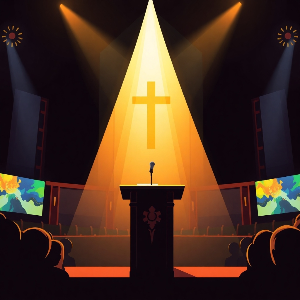 A stylized image of a speaker delivering a powerful sermon on a stage with a church background, light streaming down on them.  Use bold colors and dynamic lighting to emphasize passion and conviction.