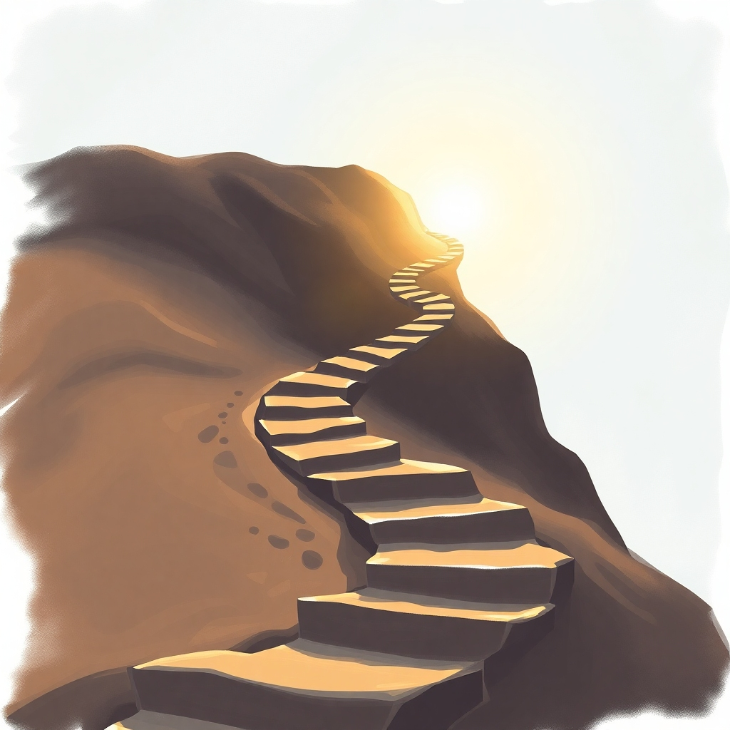 A stylized image of a winding path leading upwards towards a bright light. The path is winding, suggesting the difficulties of a spiritual journey, but it is clearly ascending, representing progress and transformation. The image can be rendered in a painterly or digital art style, with a focus on the interplay of light and shadow to suggest hope and change.
