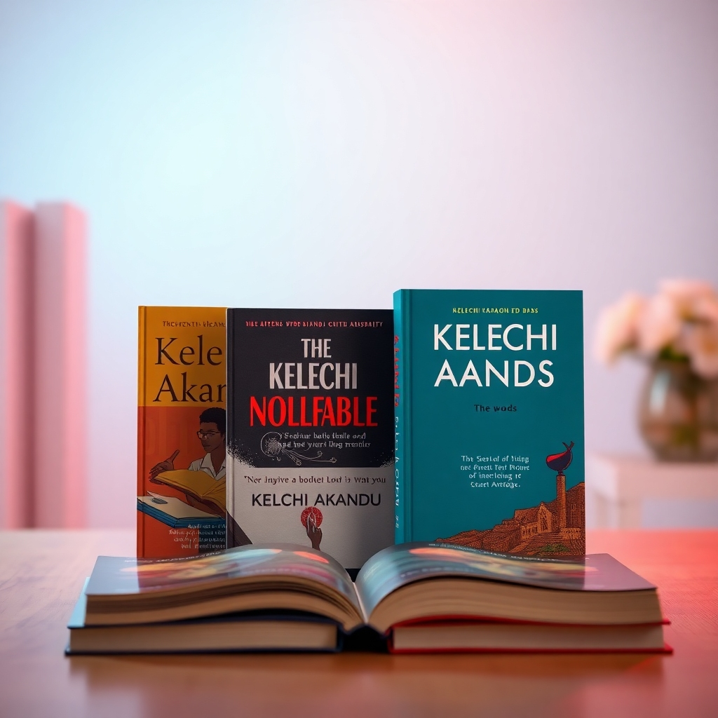  A stylized image of Kelechi Akandu's books prominently displayed. The image should look like an inspirational book cover or a promotional shot for his books. The lighting should be soft and warm, highlighting the book's titles and cover art. The overall style should feel professional and inviting. Aim for high-quality 4k resolution and an aesthetically pleasing composition.