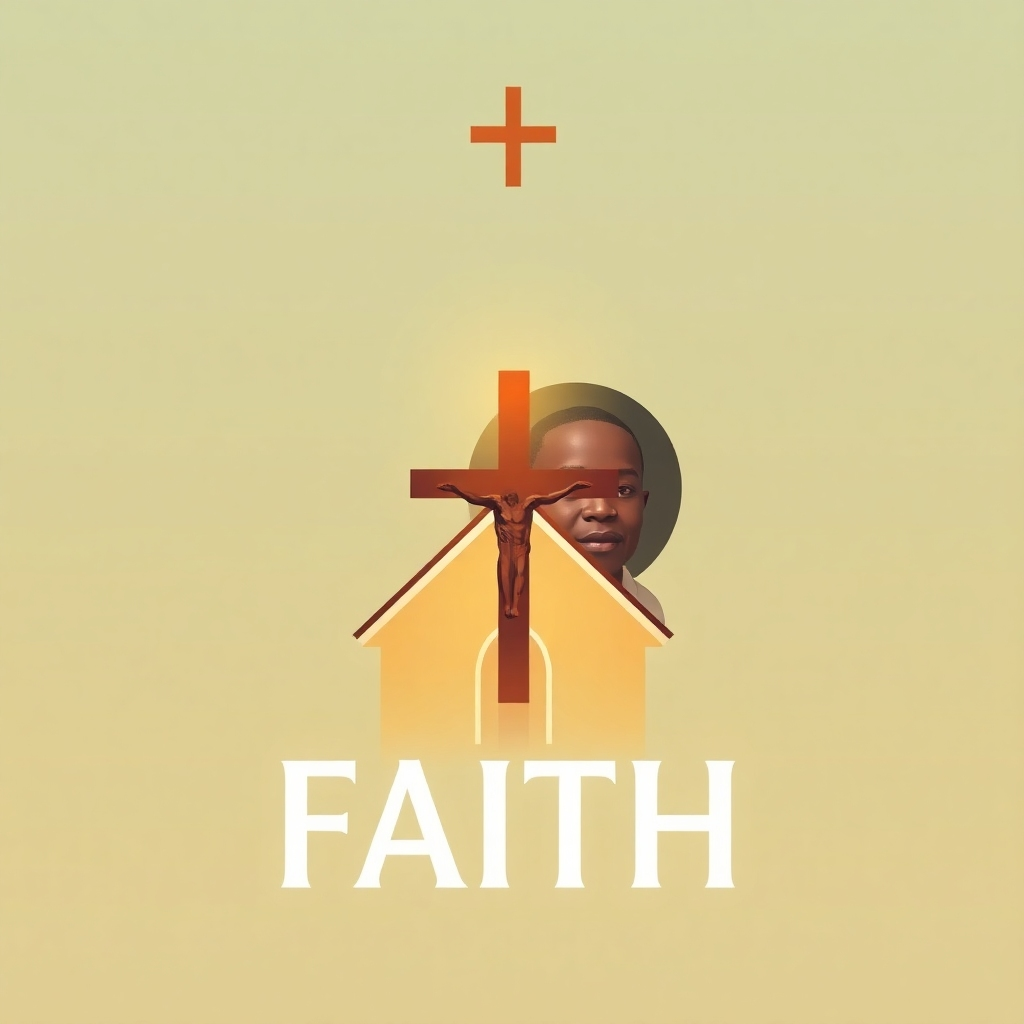 A stylized image representing the essence of faith, perhaps with a symbolic representation of a church or a cross, subtly incorporating Kelechi Akandu's image in the background. The color palette should reflect peace, hope, and serenity. Aim for a high-quality 4k resolution and a balance between symbolism and visual appeal.