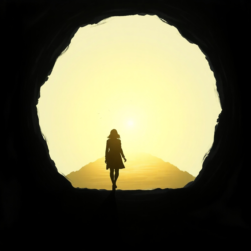 A stylized image representing a journey through a dark tunnel towards a light at the end. Use a combination of realistic and abstract elements, with Marlene's silhouette walking along the path. The light at the end should be bright and inviting, suggesting hope and deliverance. 8K resolution, a mix of photorealistic and painterly techniques.