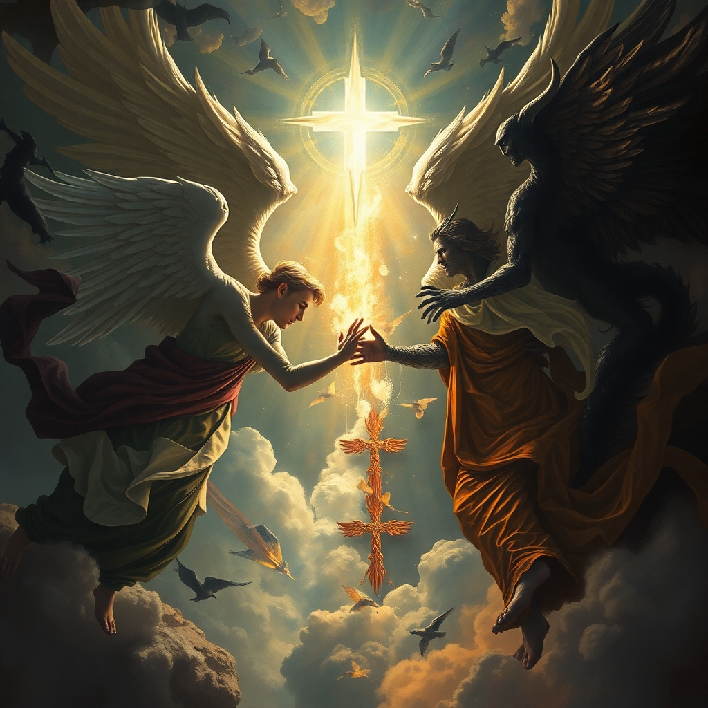 A surreal, painterly image representing the conflict between good and evil. Use a contrast of light and dark, with angelic figures representing hope and faith, clashing with dark figures representing spiritual oppression. The style should be evocative of religious iconography with a modern twist. 8K resolution, hyperrealistic and painterly style.