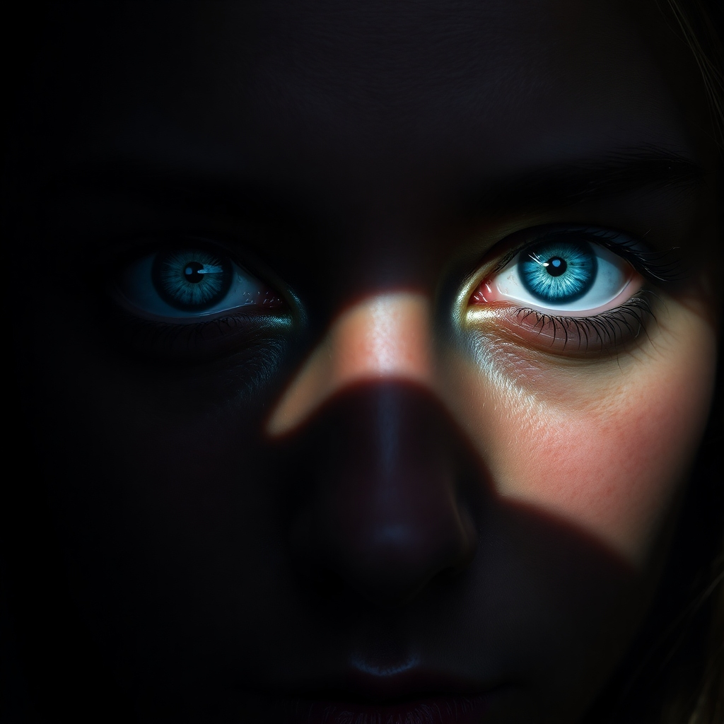 Create a photorealistic image of a person with striking blue eyes, their face partially obscured by shadow. The reflection in their eyes should depict a scene of inner conflict and turmoil, such as a stormy landscape or a battlefield. Use a dramatic lighting scheme to emphasize the emotional intensity.