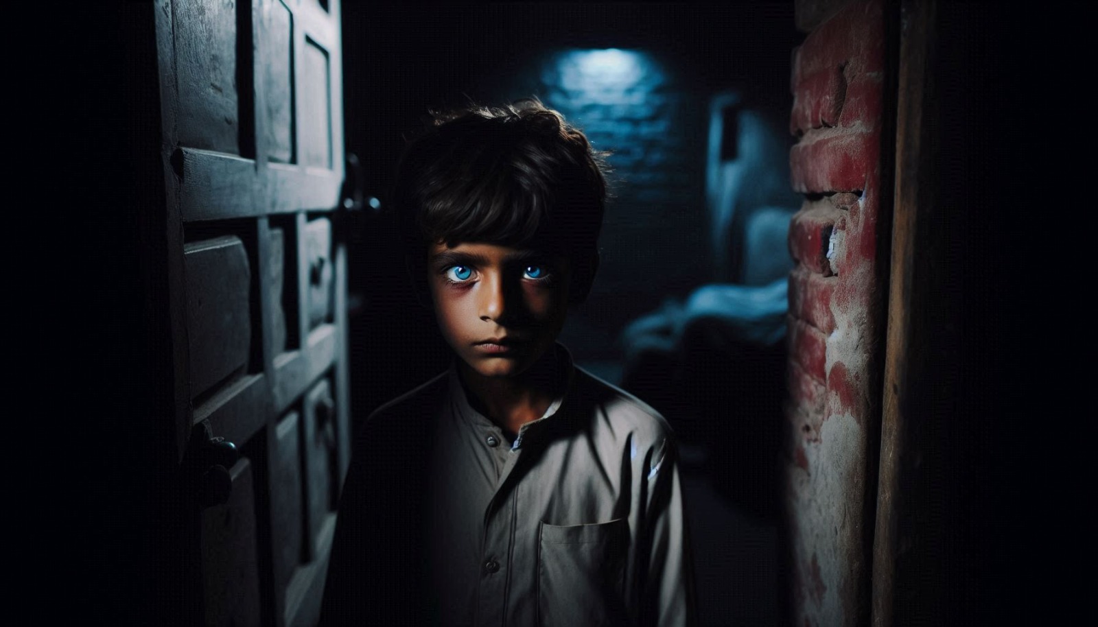 Create a close-up, photorealistic image of mesmerizing blue eyes. The iris should contain subtle, swirling patterns and hints of hidden darkness. The lighting should be soft and diffused, highlighting the depth and intensity of the eyes. Focus on capturing the captivating and slightly unsettling allure of the gaze.