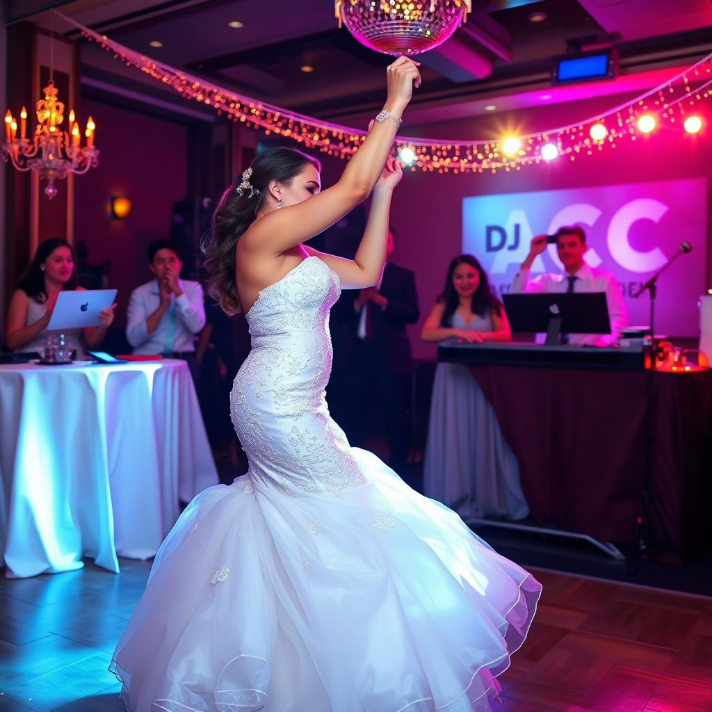 A photorealistic image of a beautifully decorated wedding reception with DJ Ace performing in the background. The lighting is soft and romantic, creating a warm and inviting atmosphere. The focus is on the couple and their guests, with DJ Ace subtly enhancing the ambiance with his music. The overall style is elegant and timeless, reflecting the importance and beauty of the occasion.