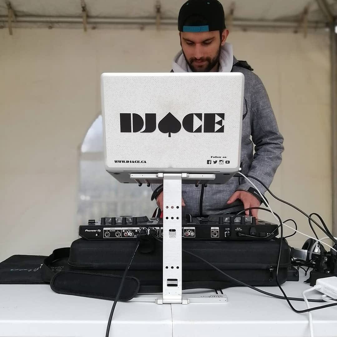 A stylized graphic featuring social media icons and notification symbols surrounding a central image of DJ Ace's logo. The design should be clean and modern, with a focus on visual clarity and brand recognition. The color palette should align with DJ Ace's overall branding, using vibrant colors to attract attention. The overall message is to encourage followers and provide multiple ways to stay connected.