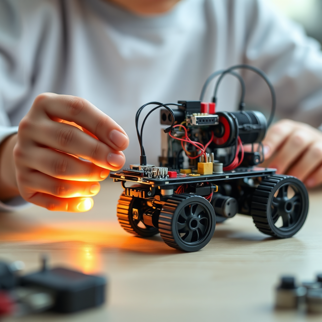 Child working on a robotics project