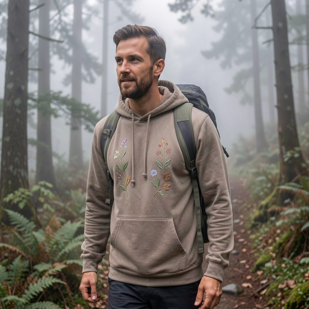 Hiker wearing embroidered hoodie
