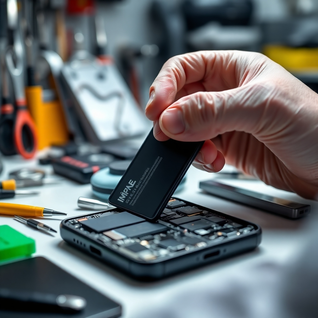 A high-resolution, photorealistic image depicting a close-up of a technician's hands carefully installing a new phone battery.  The background should be blurred but show a clean, organized workspace with various high-quality repair tools.  The focus should be on the precision and care taken during the repair process. The image should convey professionalism and attention to detail.  High-quality, branded parts should be subtly visible.