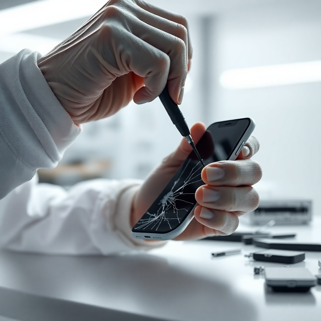 A photorealistic, ultra-high-resolution (8K) image depicting a technician meticulously repairing a cracked iPhone screen. The setting is a clean, brightly lit repair shop with soft, diffused lighting. The color palette is bright and clean, emphasizing the precision of the work. The camera angle is a close-up, slightly elevated view, showcasing the technician's hands and tools with great detail.  The technician is wearing anti-static wrist straps and using specialized tools.  The phone screen is highlighted, showing the intricate details of the repair process. The background is a blurred but visible view of other repair equipment. The overall mood is one of precision, care, and efficiency.  The image should evoke a sense of trust and professionalism, similar in style to product photography by Apple or a high-end electronics manufacturer. The scene should be hyperrealistic, emphasizing the textures of the tools, the phone, and the technician’s hands. Include visible dust particles in the air, subtly indicating the clean room environment.