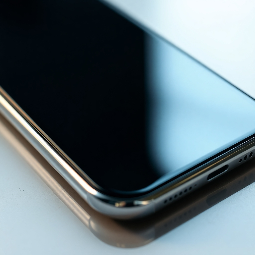 A photorealistic close-up image of a perfectly repaired smartphone screen, showcasing its clarity and smoothness.  The image should focus on the seamless integration of the repaired screen with the phone's frame.  The background should be subtly blurred, allowing the repaired screen to be the center of attention.  The image must emphasize the high quality of the repair.
