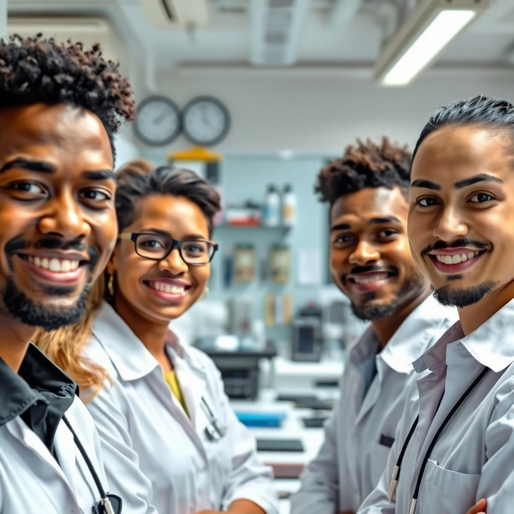 A photorealistic image of a diverse team of smiling technicians in a modern, well-lit phone repair shop. Each technician should be wearing a uniform, and the image should convey a feeling of professionalism and expertise.  In the background, various phone repair tools and equipment are visible, highlighting a clean and organized workspace.