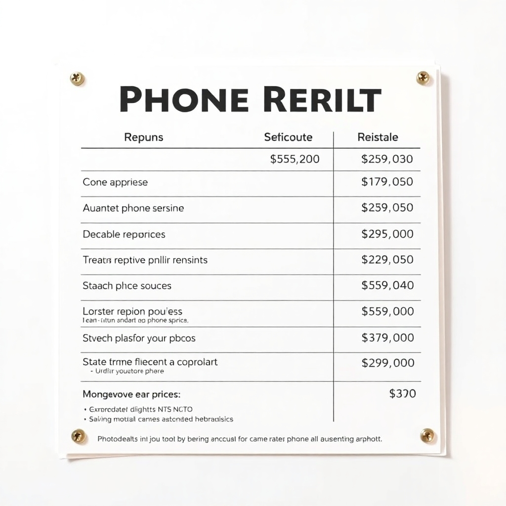 A photorealistic image of a price list clearly displaying various phone repair services and their costs.  The background should be clean and professional, with the pricing prominently featured. Include a modern and visually appealing design, emphasizing affordability.