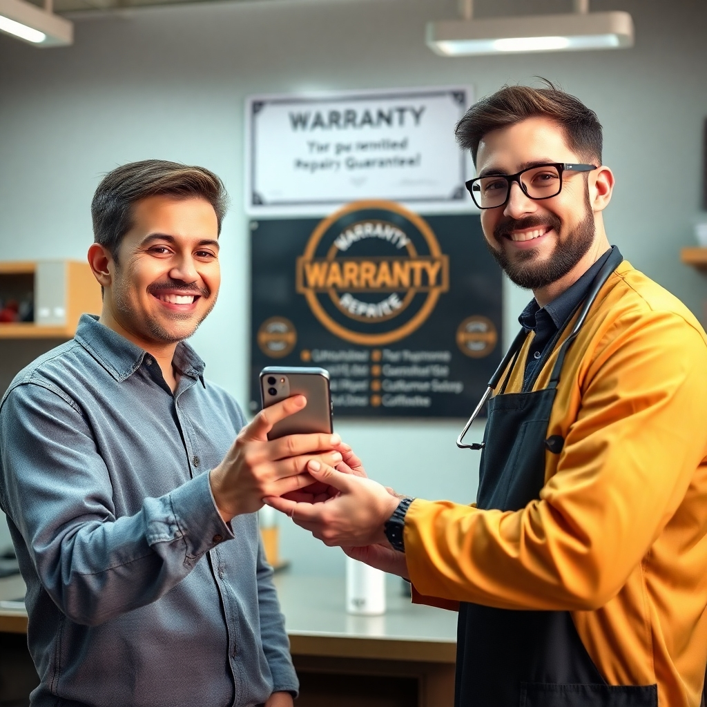 A photorealistic image of a satisfied customer receiving their repaired phone from a friendly technician at a clean, professional repair shop. The customer should be smiling and holding the phone.  The image should create a positive and trustworthy feeling, emphasizing customer satisfaction and the warranty/guarantee aspect of the service. The background subtly displays a warranty certificate or a display showcasing repair guarantees.