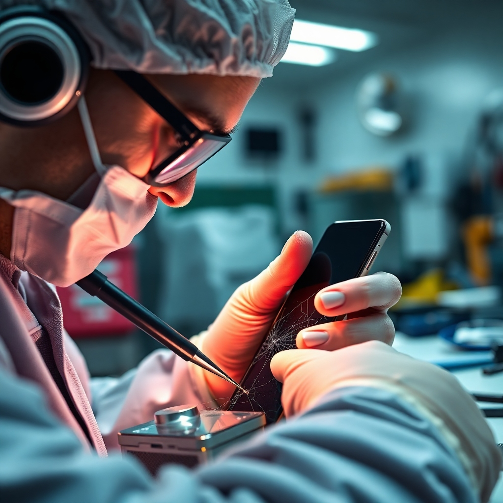 A photorealistic image of a technician meticulously repairing a cracked phone screen using specialized tools in a clean, well-lit repair shop. The focus should be on the detail of the repair process, highlighting precision and care. Include bright, clear lighting and a professional atmosphere.