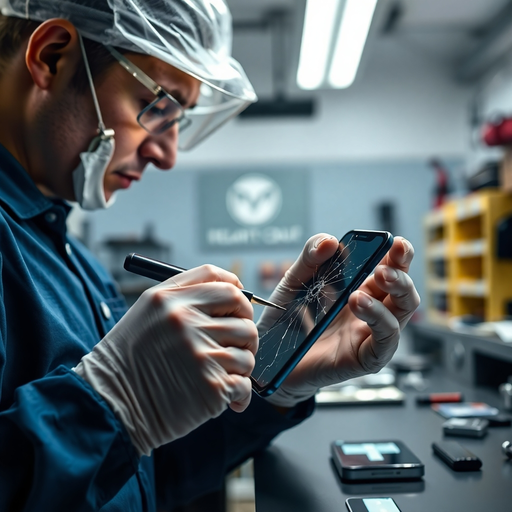 A photorealistic image of a technician expertly repairing a cracked phone screen. The background should be a clean, modern repair shop with bright lighting. The focus should be on the technician's focused hands and the tools they are using, highlighting speed and precision. The phone should be almost completely repaired, showcasing the quick turnaround time. Include subtle branding of a fictional phone repair shop in the background.