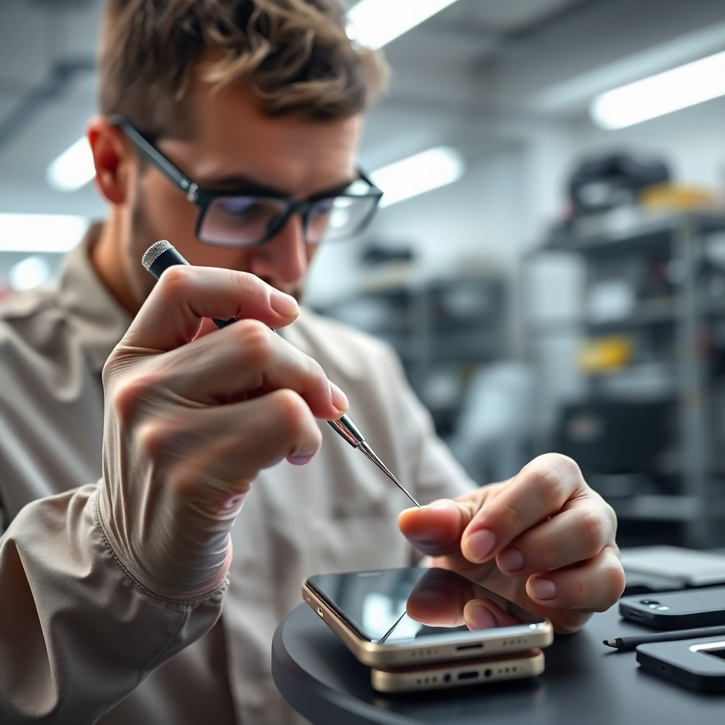 A photorealistic image of a technician skillfully repairing a smartphone screen with specialized tools, set in a bright and clean repair shop.  The background should be blurred, focusing on the technician's hands and the phone. The image should evoke a sense of speed and efficiency. Include bright, focused lighting to highlight the details of the repair process.