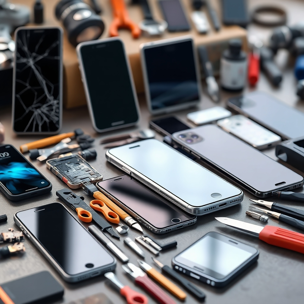 A photorealistic image showcasing a variety of common phone repair services, such as cracked screen repair, battery replacement, and water damage repair.  Show a variety of phone models and repair tools. The image should look bright, modern, and inviting.