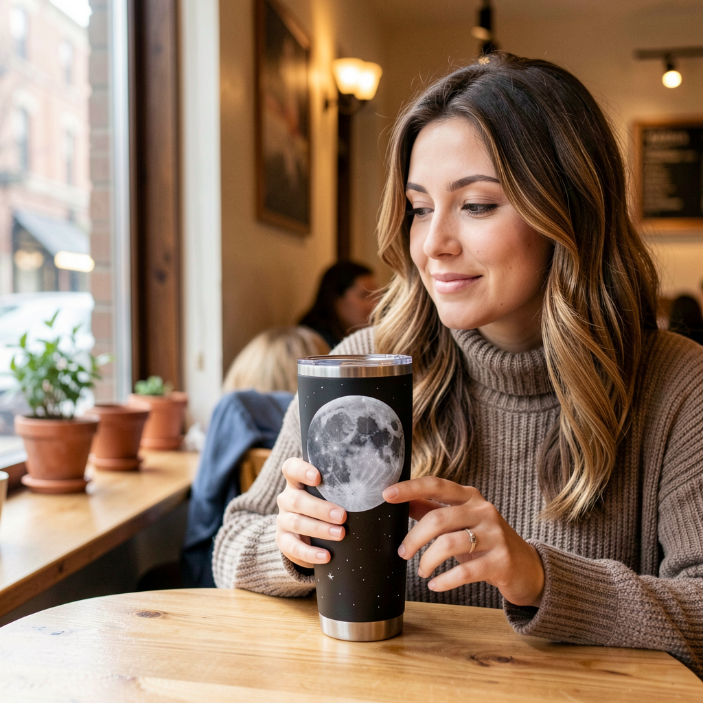 Customer with moon phase tumbler