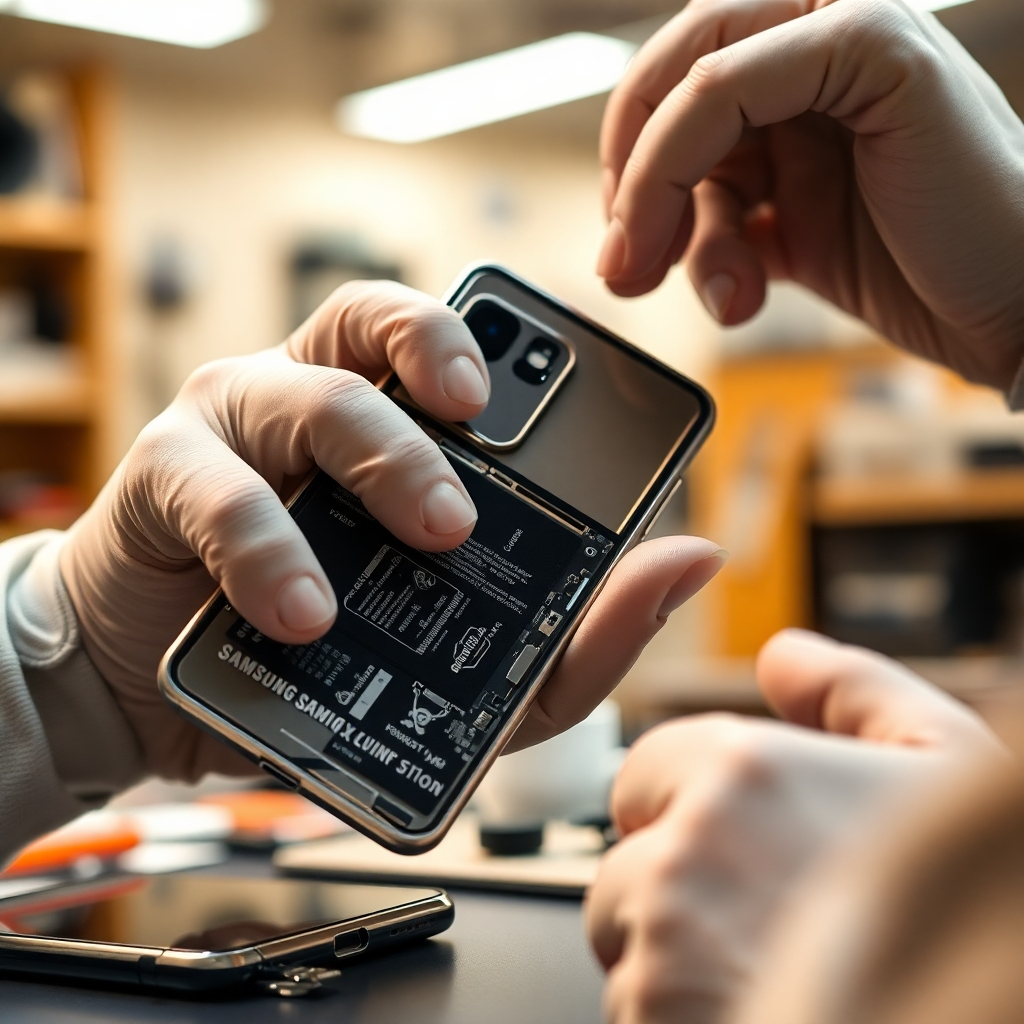 An ultra-detailed, 8K resolution photograph of a technician expertly replacing the battery in a Samsung Galaxy phone. The image should be captured in a well-lit repair shop with warm, inviting lighting. The color palette consists of warm neutrals, highlighting the phone's metallic finish and the precision of the repair process. The camera angle is a close-up shot, focusing on the technician's hands carefully handling the delicate components.   The background is softly blurred, showcasing other high-tech equipment.  The overall mood is calm and reassuring. The style should mimic the clean aesthetics of professional repair shop photography. Textures should be realistic and detailed, emphasizing the metallic sheen of the phone casing and the smooth texture of the new battery. Include microscopic details, like the fine print on the battery itself. The image should exude a feeling of meticulous attention to detail.