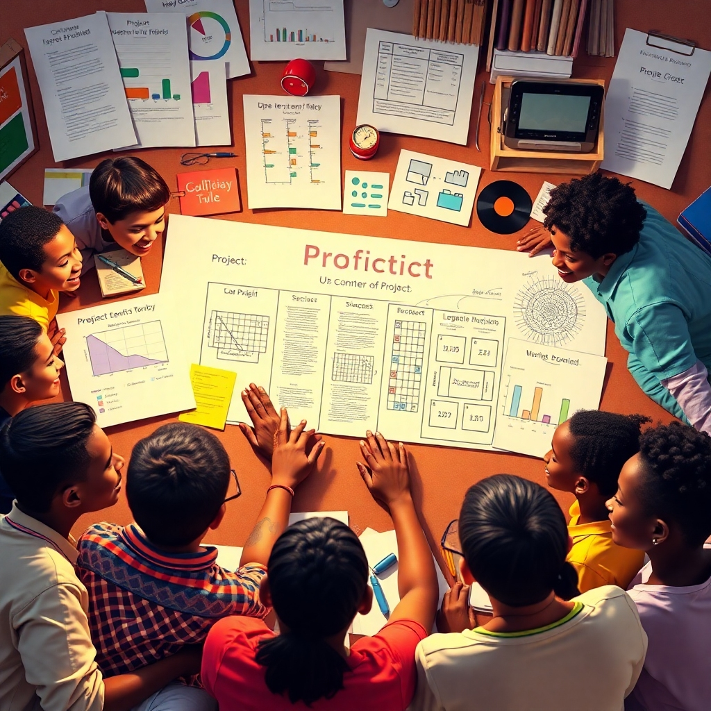 Create a powerful image of a community brainstorming session, filled with charts and project outlines. The participants should display a range of emotions from concentration to excitement, surrounded by engaging educational materials and tools. Use vibrant colors that reflect hope and action.