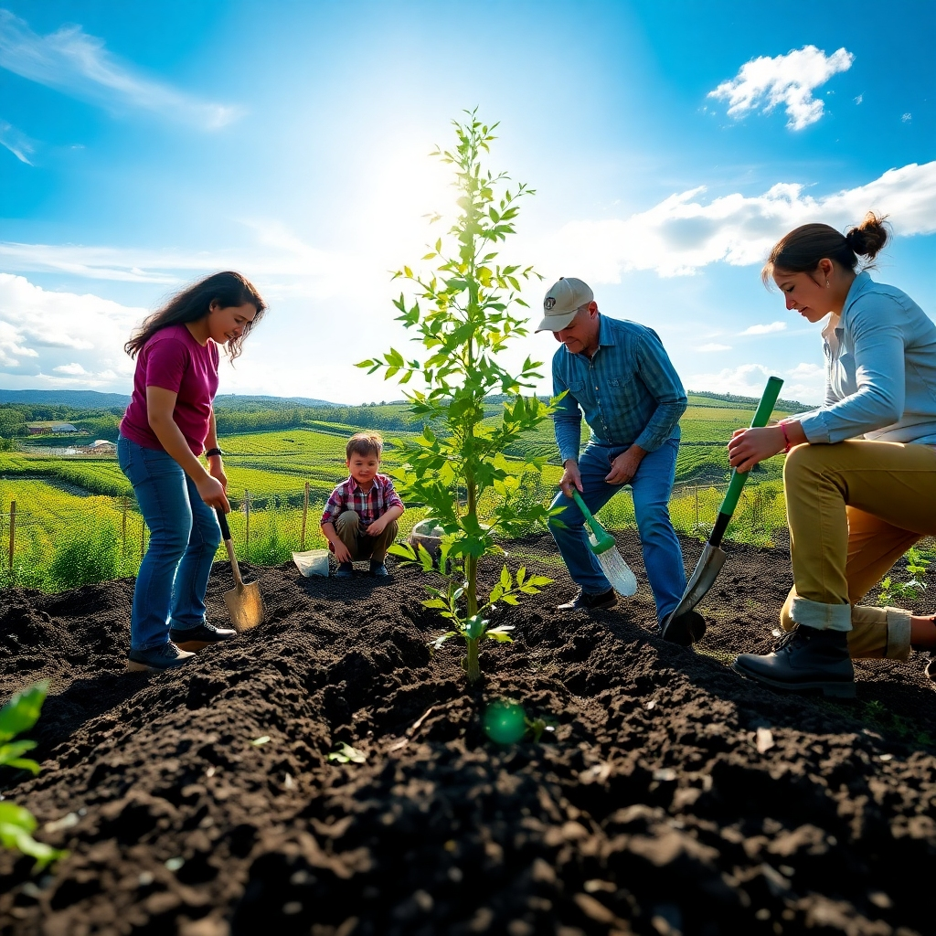 Create a stylized image highlighting individuals working together to plant trees in a community garden. The composition should include elements like gardening tools and a backdrop of green landscapes under a blue sky. The light should be bright and uplifting, symbolizing growth and hope, with a focus on textures of soil and foliage.