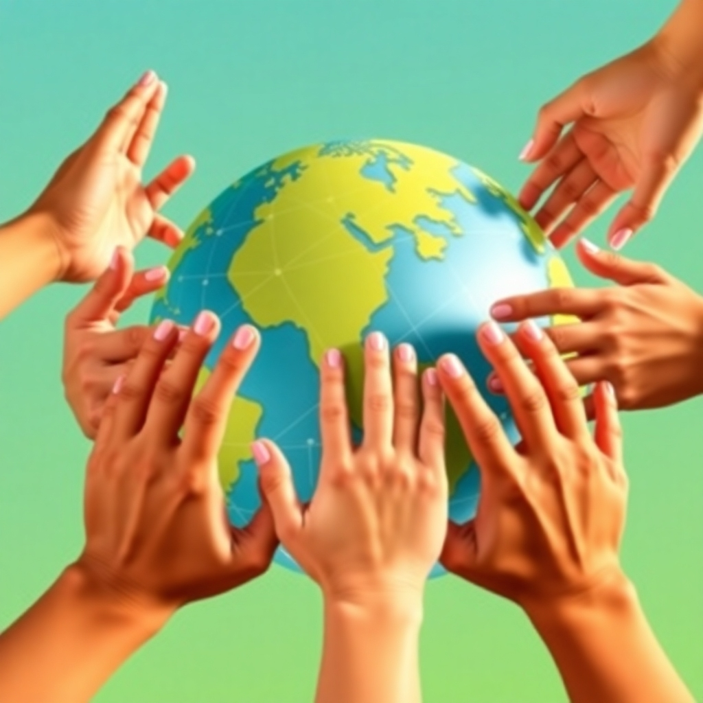 Depict a visual metaphor of interconnected hands across a globe, symbolizing unity and mutual support. The globe should be detailed, with lines representing networks between individuals. Utilize bright colors, and emphasize the texture of hands to convey warmth and togetherness.