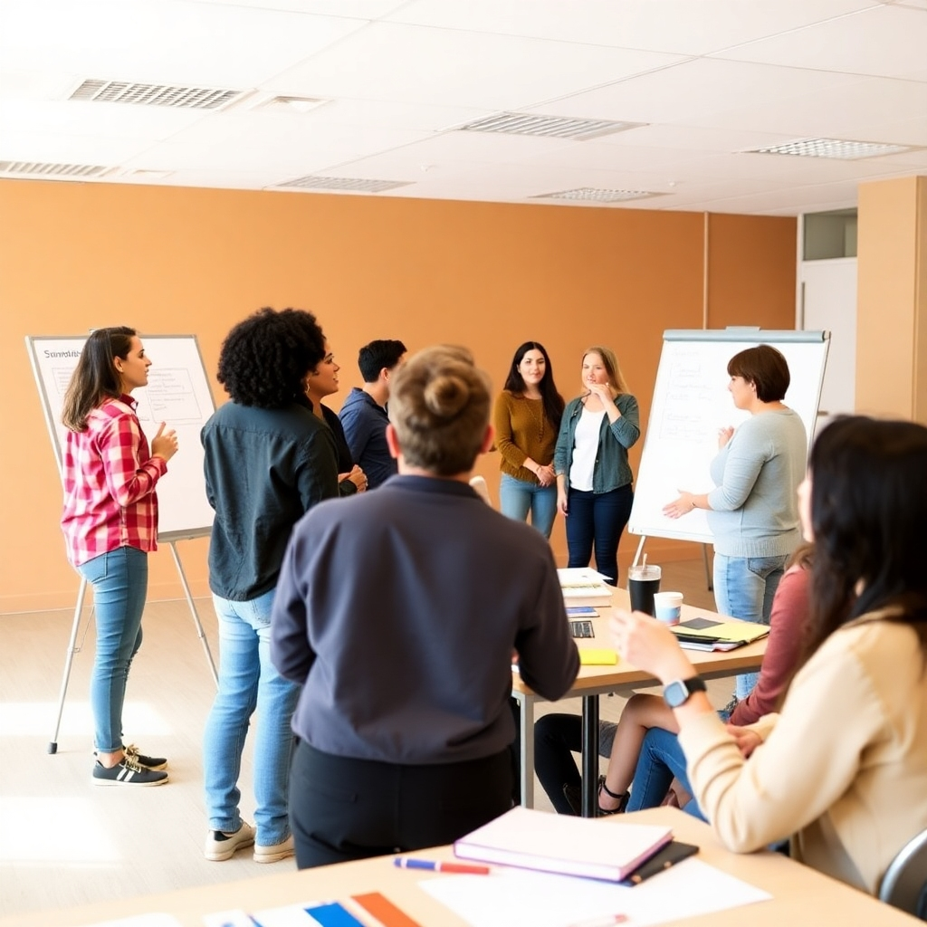 Depict an engaging workshop environment where participants are actively involved in group activities. Include visual elements like flip charts, tools, and enthusiastic expressions. Set in a bright, spacious room with a warm color palette emphasizing collaboration and innovation.
