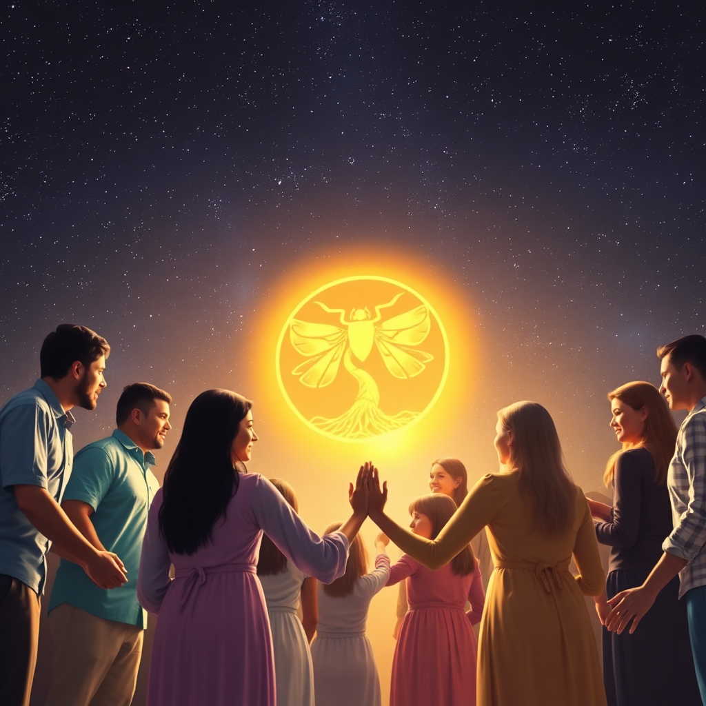 Diverse community holding hands in cosmic circle with glowing scarab and tree of life