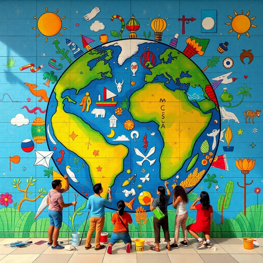 Illustrate a large mural depicting Earth as a tapestry woven from diverse community symbols. The community members can be shown painting this mural together, emphasizing collaboration and collective responsibility. Utilize rich colors and clear contrasts to draw attention to various elements of the mural.