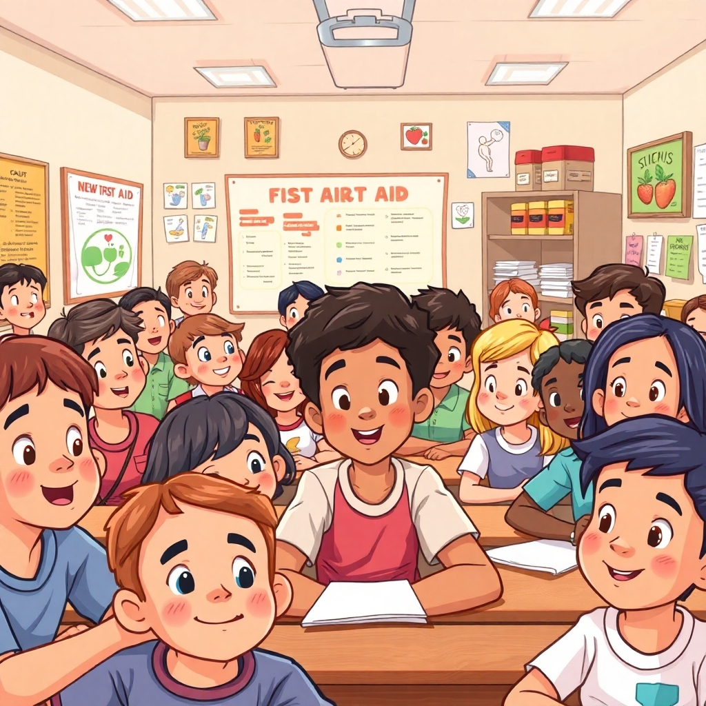 Illustrate a vibrant classroom scene filled with people of all ages learning about first aid and natural remedies. The atmosphere should be warm and inviting, adorned with posters and educational materials. Use lighting that highlights the faces of learners, showcasing expressions of curiosity and determination.