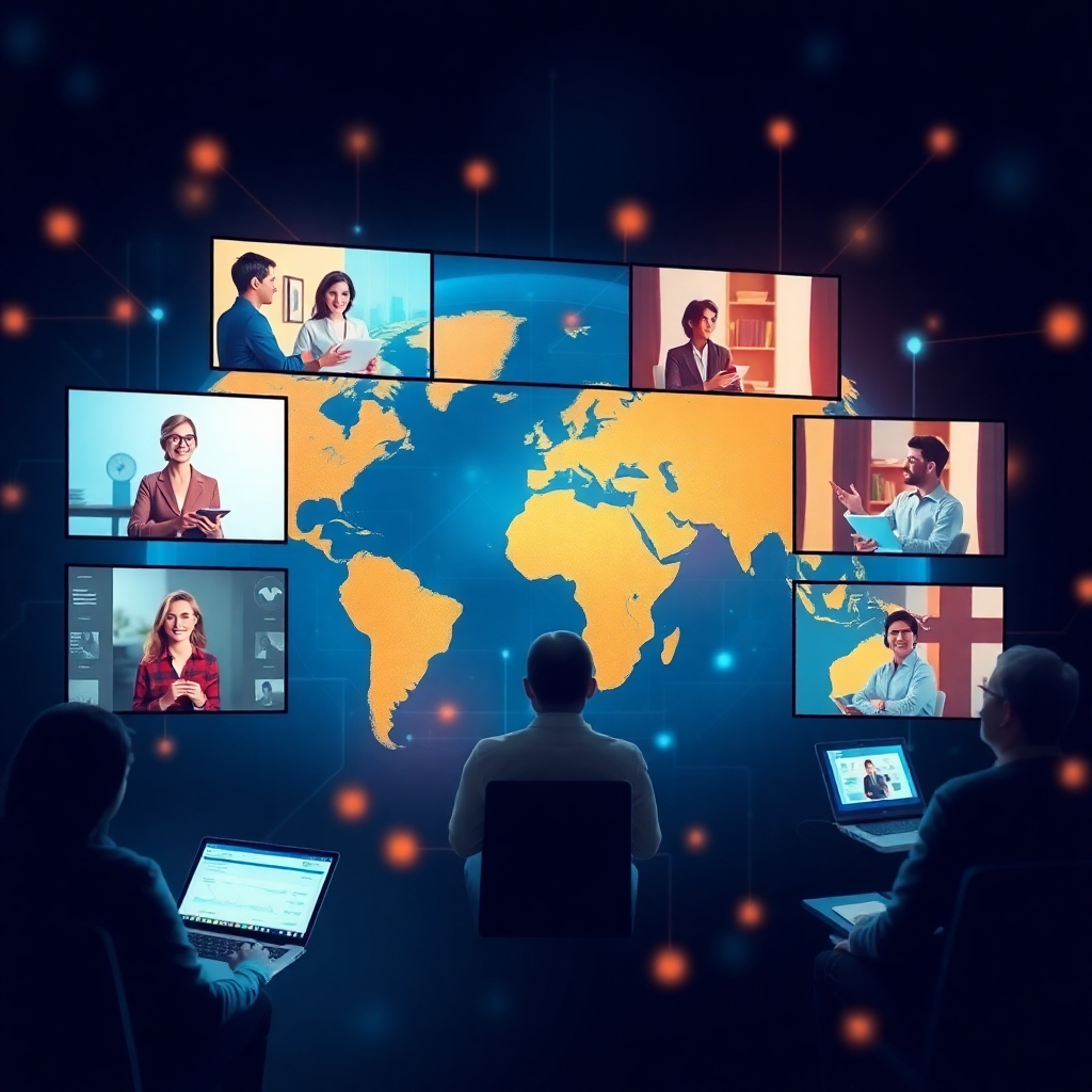 Present a dynamic image of a virtual meeting with participants from around the globe connecting via various devices. The scene should be infused with technology, displaying screens with different people engaged in lively discussions. Use a futuristic yet warm design with colors that symbolize connectivity and intelligence.