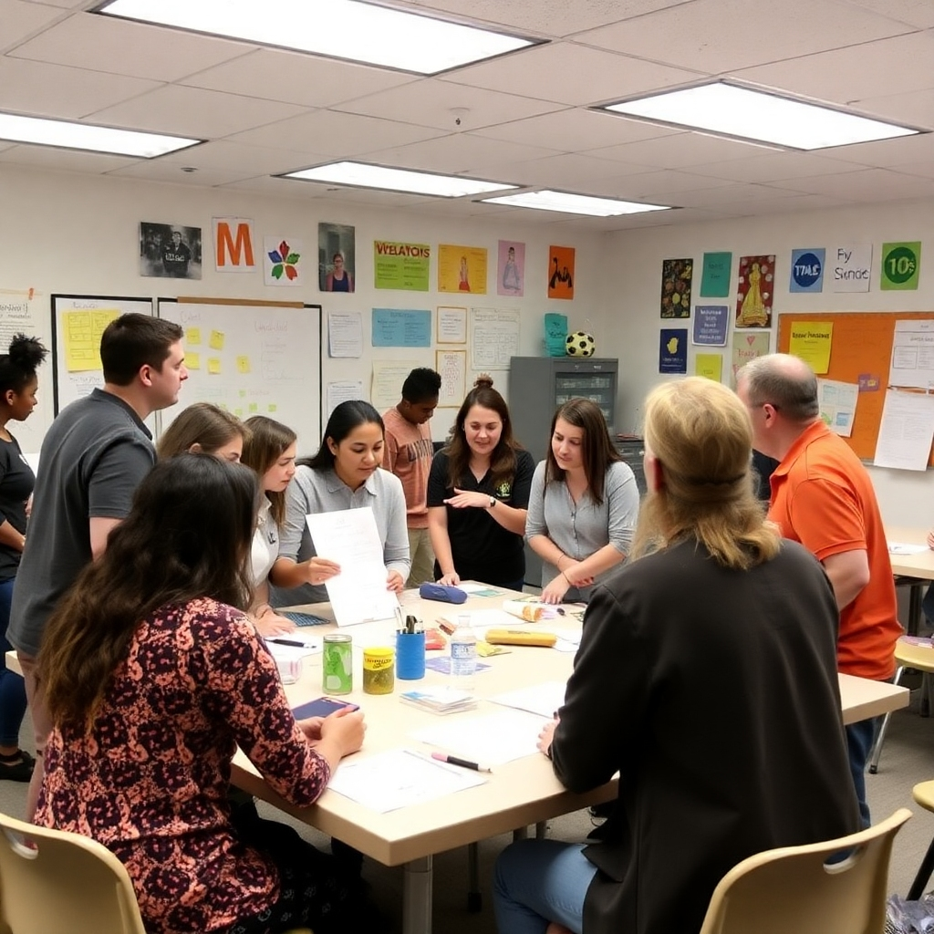 Show a community workshop in action, with enthusiastic participants brainstorming solutions. The environment should be colorful and engaging, with materials like charts and notes visible. The lighting must be bright, promoting a sense of innovation and teamwork.