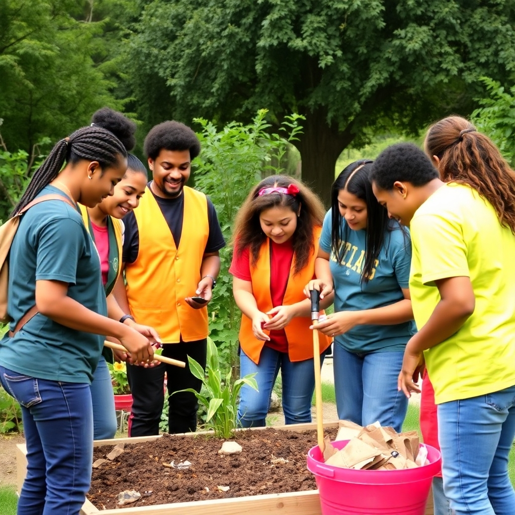 Show a diverse group of volunteers collaborating on community projects outdoors. Use an engaging composition, highlighting teamwork and dedication. The setting should be a park or community space, filled with greenery, representing a positive and dynamic environment.