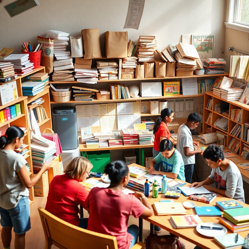Showcase a vibrant scene of a resource hub filled with various supplies, tools, and literature. Participants should be actively engaging with the resources, collaborating around shared tables. Use bright, natural lighting to symbolize positivity and access to opportunities.