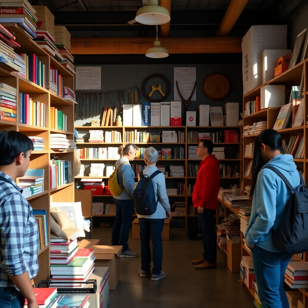 Visualize a well-organized resource hub with shelves filled with books, tools, and first aid supplies. The setting should be inviting, with individuals browsing and discussing resources. Use natural lighting to create a welcoming ambiance, emphasizing textures of available resources.