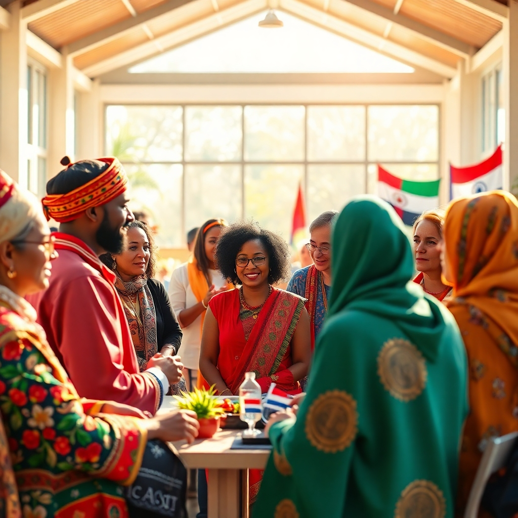 Visualize an inspiring scene of diverse groups from various nations engaged in discussions and workshops. The setting is an open, sunlit space with cultural artifacts representing each group. The image should evoke warmth and unity, featuring vibrant colors that reflect multicultural diversity. Technical details: photorealistic quality focusing on interactions and expressions of engagement and ambition.
