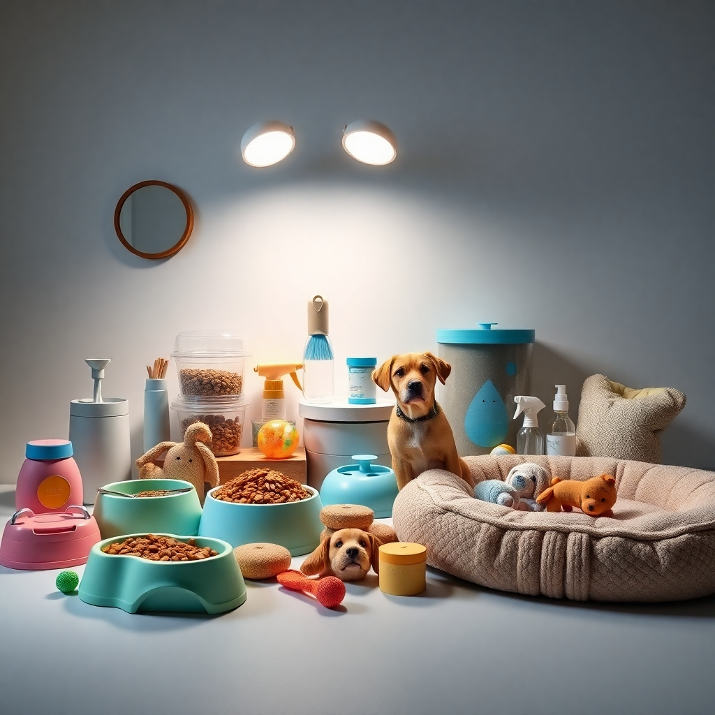A beautifully lit studio shot showcasing a curated selection of high-quality pet products, including food bowls, toys, grooming supplies, and a comfortable pet bed.  The image should have a clean, modern aesthetic.