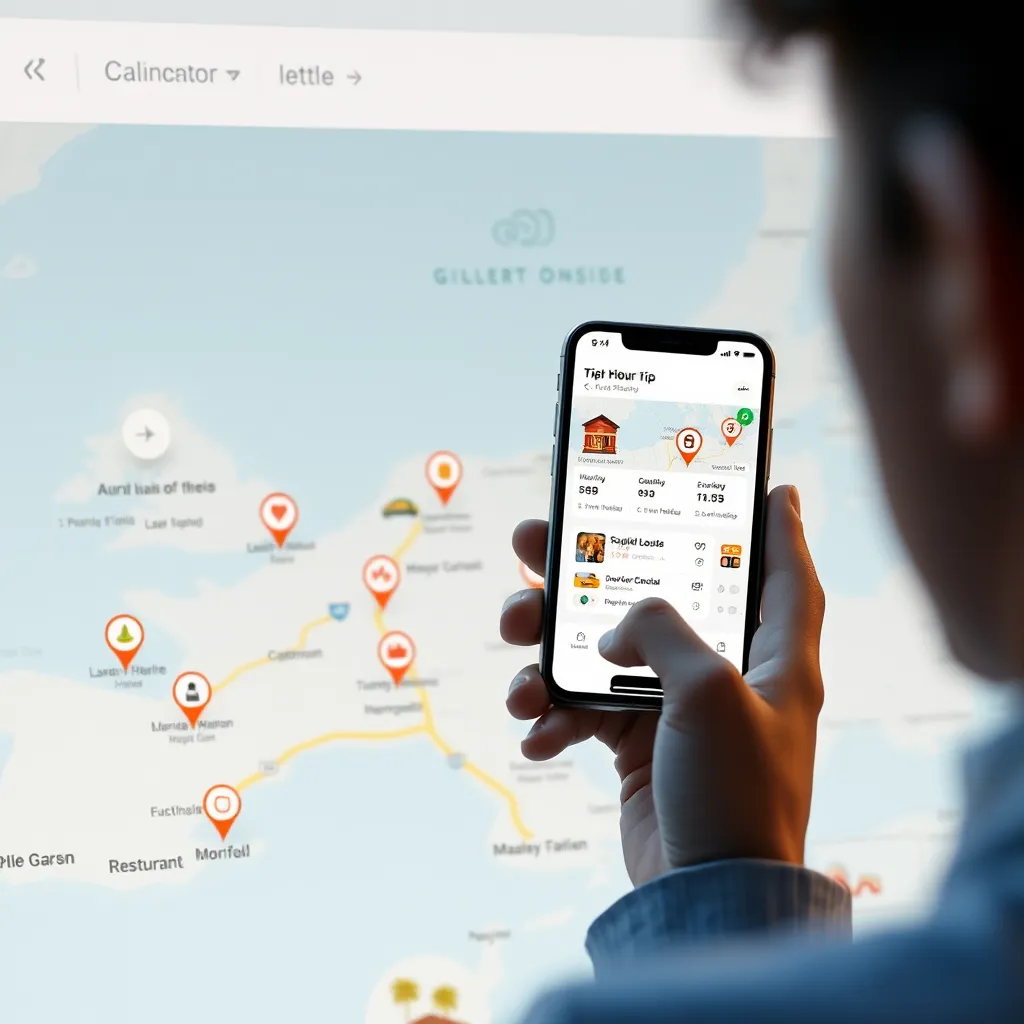 A clean and user-friendly interface with a map displaying various locations, icons representing different categories like restaurants, hotels, attractions, and activities. A person is using a phone to navigate the platform, selecting destinations and planning their trip with ease.