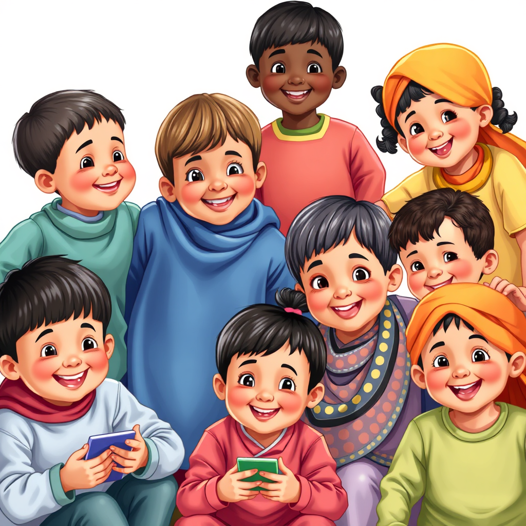 A collage of children from different cultures learning and playing together. Emphasize cultural clothing and traditions. Bright, cheerful colors. 4K, stylized realism.