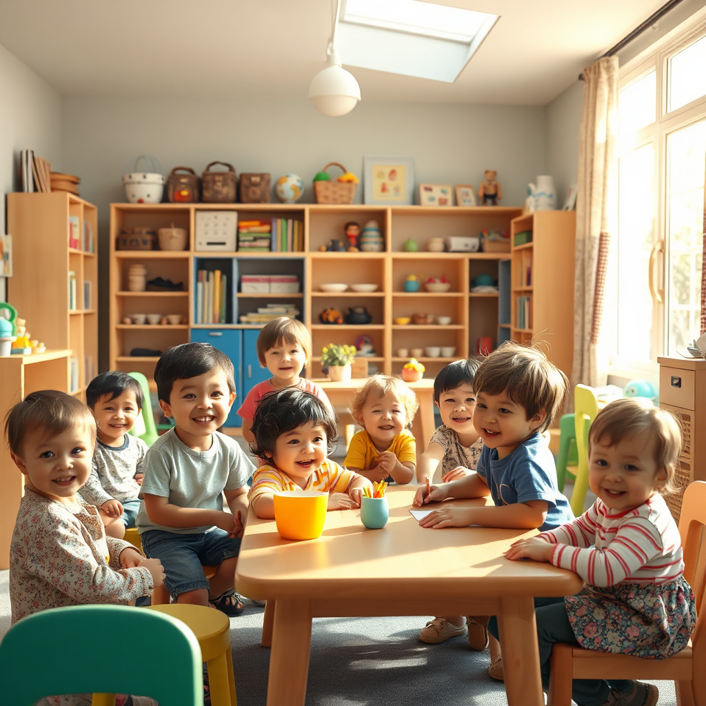 A diverse group of children playing happily in a well-equipped daycare center. Sunlight streaming through the windows, creating a warm and inviting atmosphere. 4K, photorealistic.