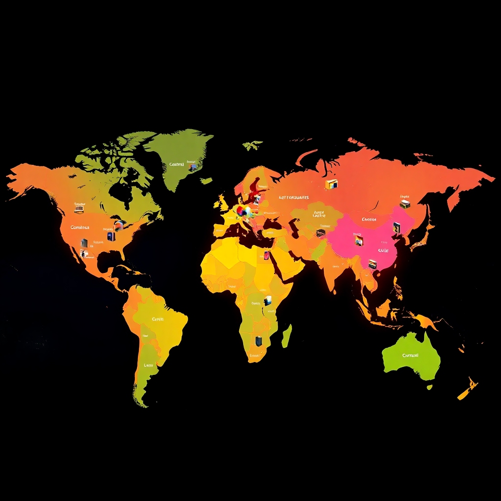 A dynamic, colorful world map with highlighted regions representing different gTLDs and their associated businesses.  Each highlighted area should show miniature depictions of businesses using those domains, all in a photorealistic style.  The map should be futuristic and show growth trends visually.
