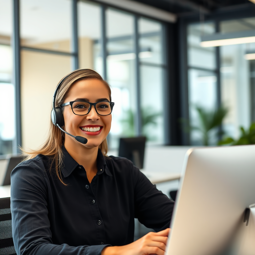 A friendly and approachable customer support agent assisting a customer via online chat. The agent is smiling and helpful, conveying a sense of trust and reliability. The background is a modern office space, suggesting professionalism and expertise. 4K resolution, photorealistic.