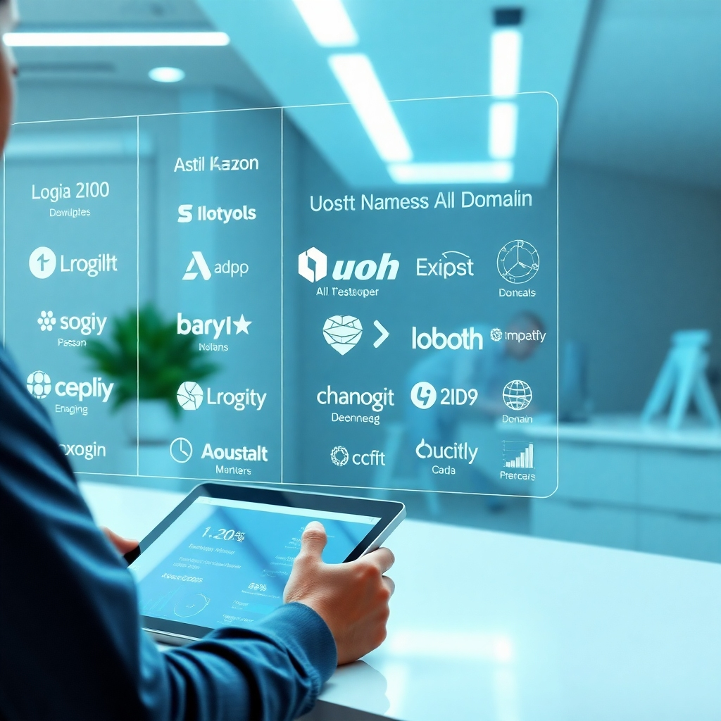 A futuristic, clean workspace with a holographic display showing various AI-generated domain names and their associated brand logos, alongside a person thoughtfully reviewing data charts and graphs on a tablet. The overall style should be photorealistic, bright, and professional, emphasizing technological advancement.