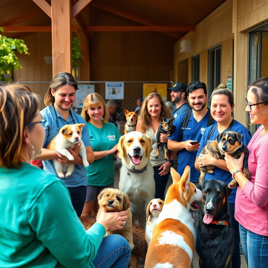 A heartwarming photorealistic image of a sunny afternoon at a local animal shelter. Show diverse volunteers interacting with many different types of animals (dogs, cats, rabbits). Focus on happy, playful interactions between people and animals; include adoption application forms, informative posters, and smiling faces. Vibrant, warm colors, sharp focus, detailed textures, natural outdoor lighting.